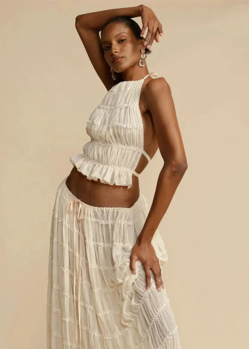 Zweiteiliges Sommeroutfit für Damen mit Boho-Rock und schulterfreiem Top – Alina