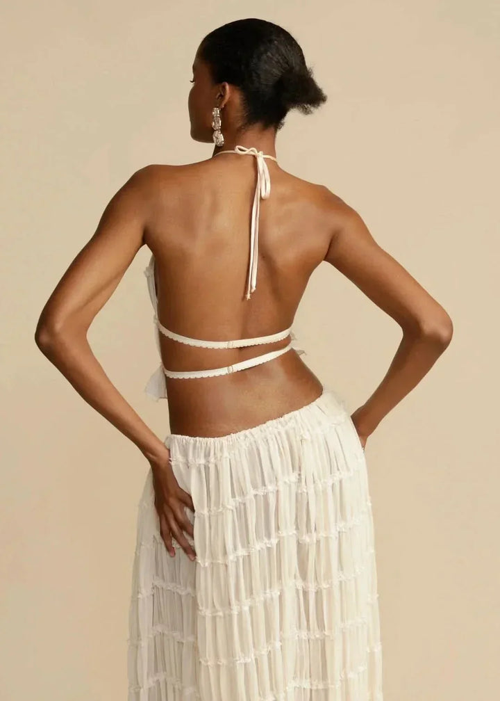 Zweiteiliges Sommeroutfit für Damen mit Boho-Rock und schulterfreiem Top – Alina