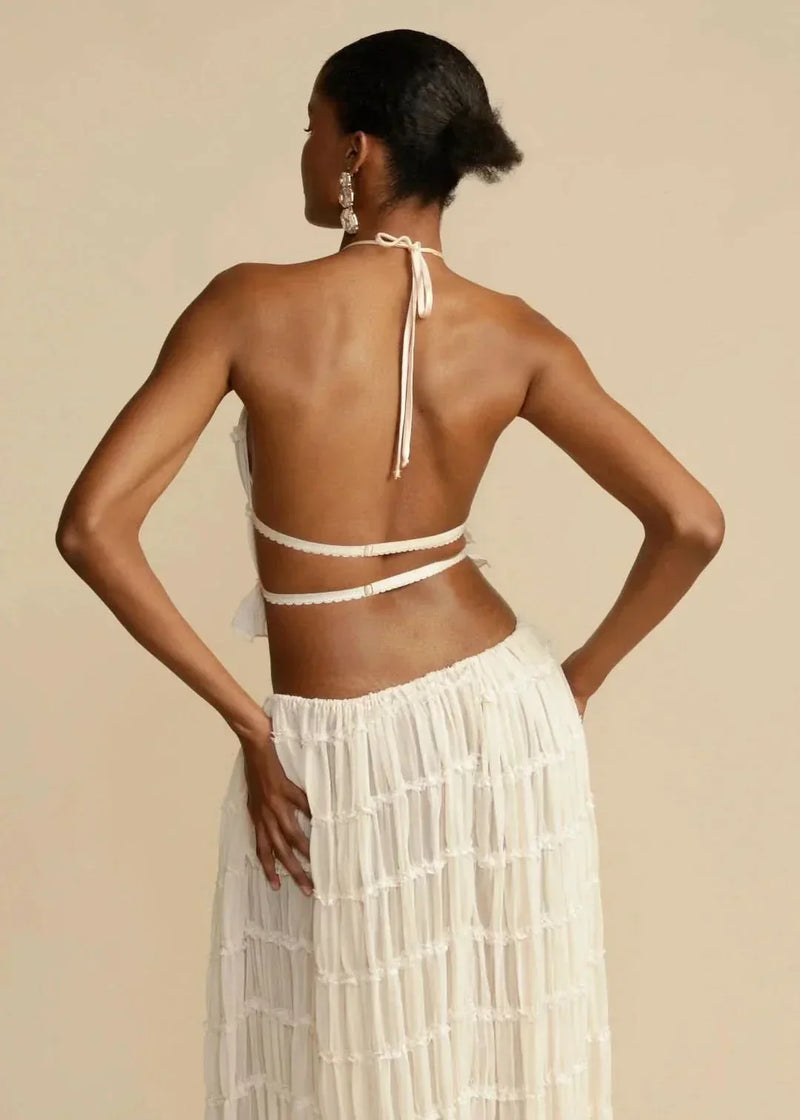 Zweiteiliges Sommeroutfit für Damen mit Boho-Rock und schulterfreiem Top – Alina