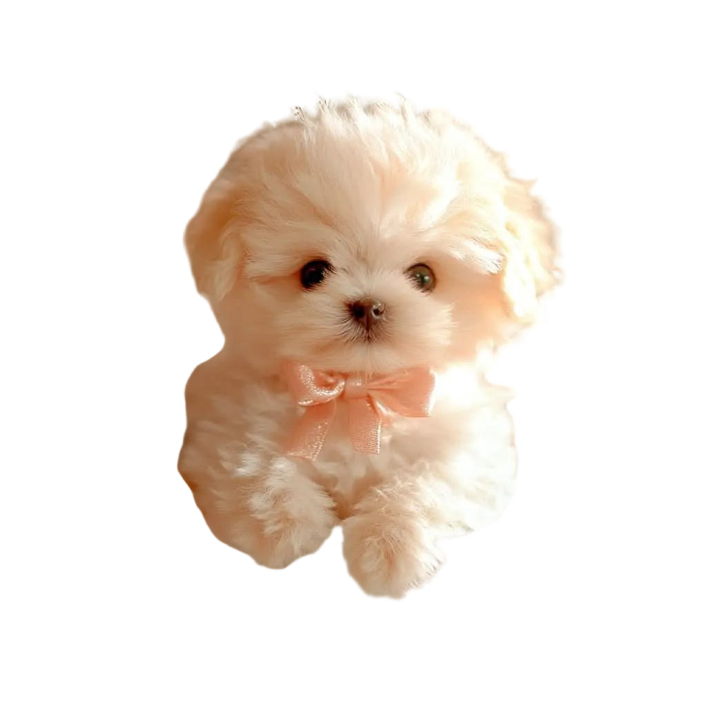 Crèmewit pluchen puppy met zachte vacht en een roze strikje om de hals, vrijgesteld op een witte achtergrond. 1