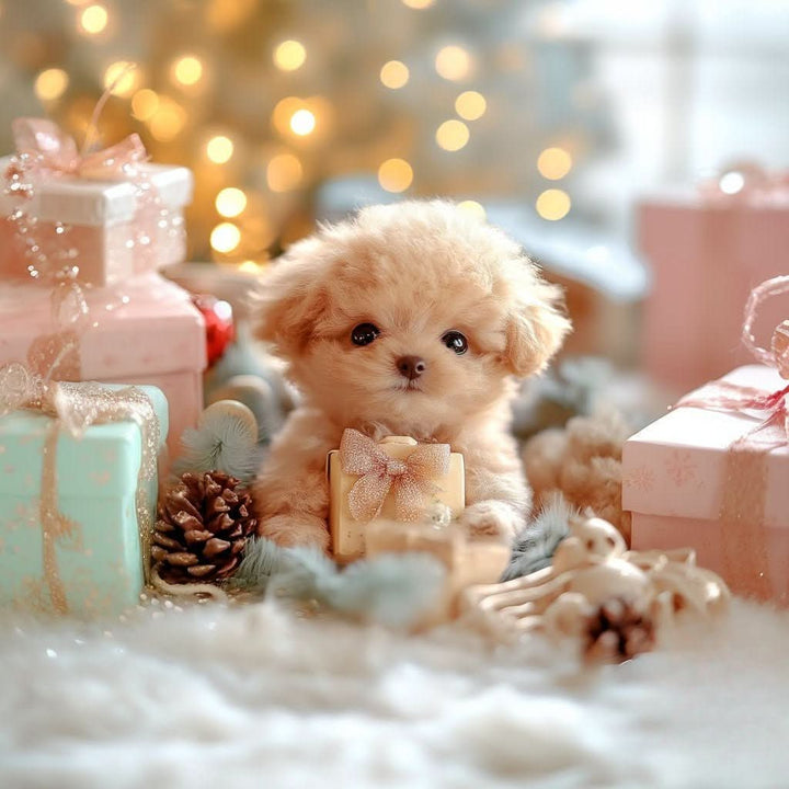 Abrikooskleurig pluchen puppy met een klein cadeautje met strik, omringd door cadeaudoosjes en kerstlichtjes. 3