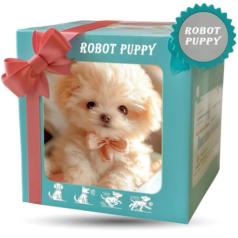Turquoise cadeaudoos met roze strik en kijkvenster waarin de crèmekleurige puppy met strikje te zien is, met pictogrammen onderaan. 8