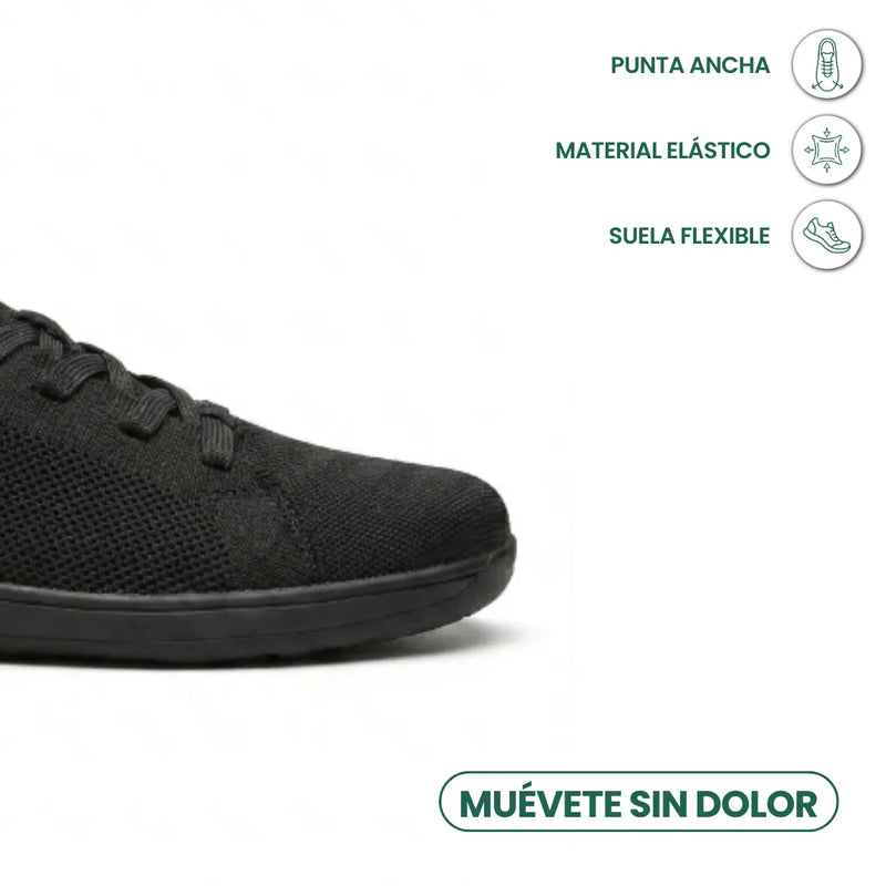 Detail van de brede neus van de zwarte sneaker met pictogrammen voor elastisch materiaal en een flexibele zool. 14