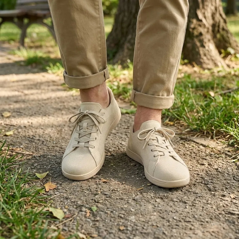 Beige gebreide sneakers gedragen door iemand in een beige broek met opgerolde pijpen, staand op een parkpad met gras. 2