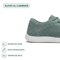 Detail van de hiel en zool van de groene gebreide sneaker met witte zool, met pictogrammen voor hielsteun en antislip. 31