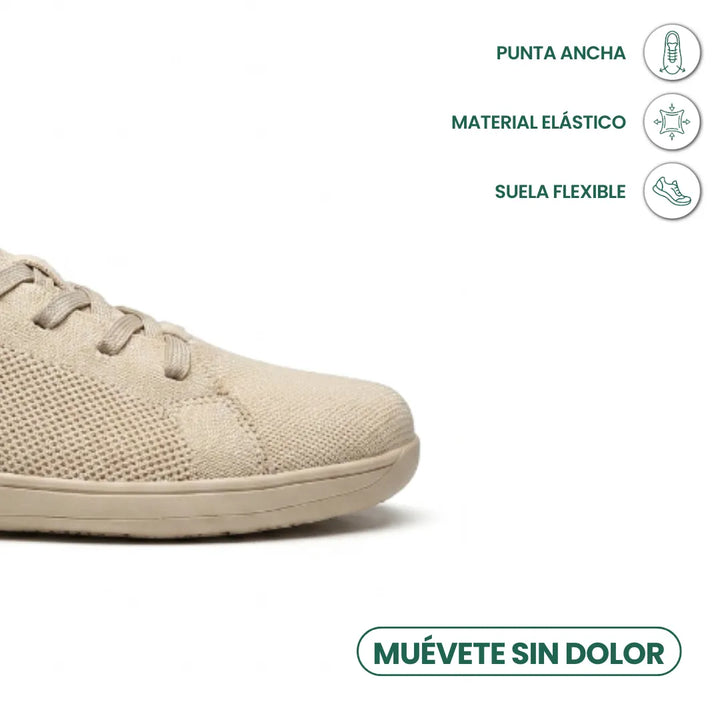 Detail van de brede neus van de beige sneaker met pictogrammen voor elastisch materiaal en een flexibele zool. 5