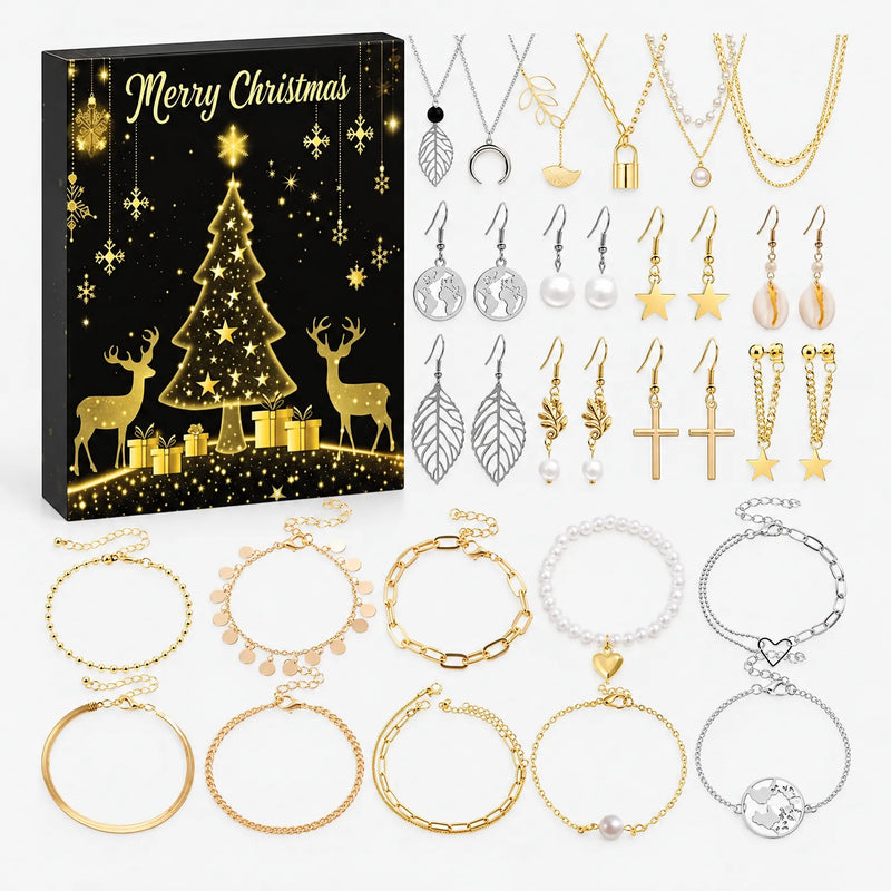 Zwarte adventskalenderdoos met gouden kerstboom en rendieren naast de inhoud: kettingen, oorbellen in goud- en zilverkleur en tien armbanden. 5