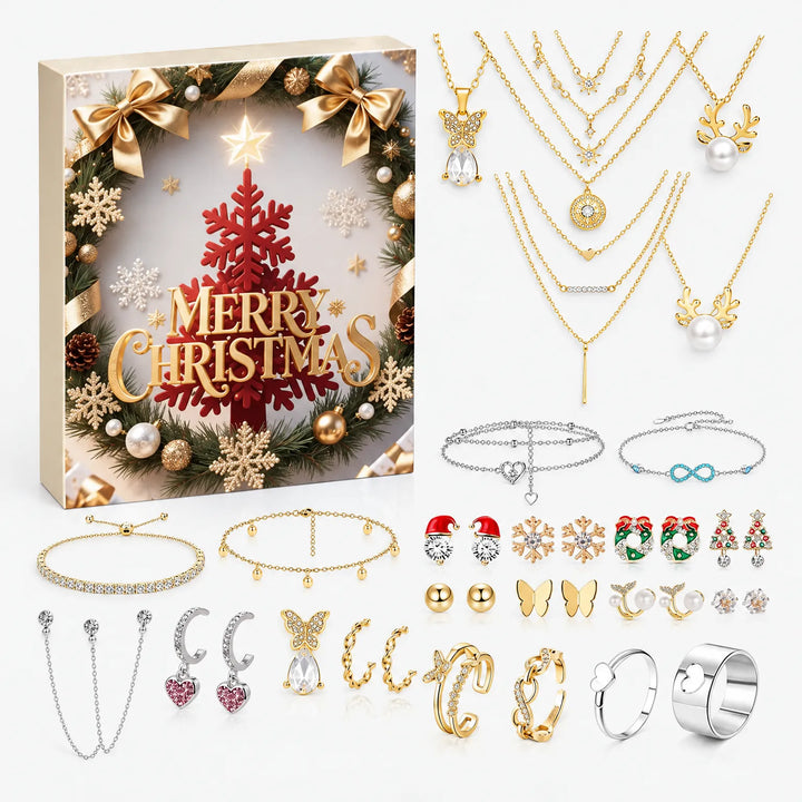 Adventskalenderdoos met krans en rode kerstboom naast de inhoud: kettingen, armbanden, kerstoorbellen, ringen en oorbellen met kristal en parels. 6