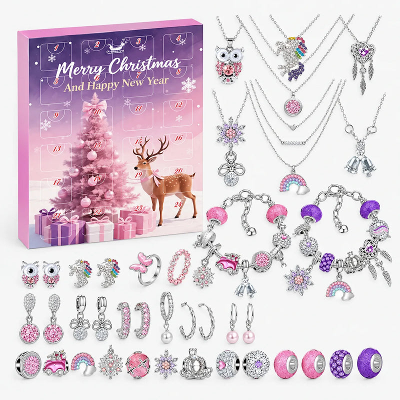 Paarsroze adventskalenderdoos met genummerde vakjes naast zilverkleurige sieraden: kettingen, bedelarmbanden, bedels, kralen, ringen en oorbellen in roze en paa 7