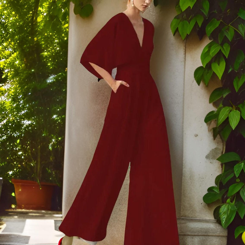V-Ausschnitt Jumpsuit mit Dreiviertelärmeln - Aurora Chic