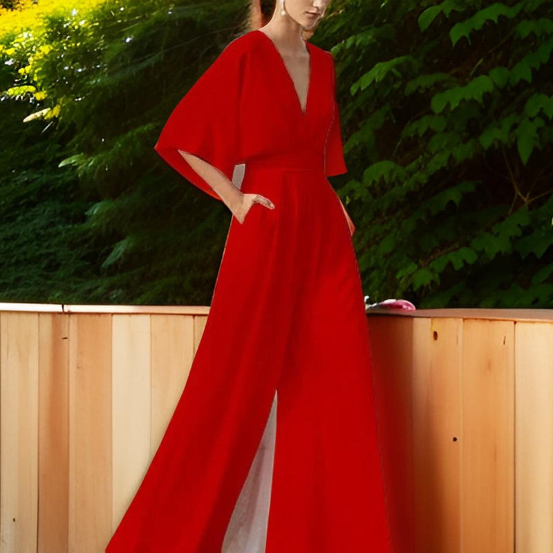 V-Ausschnitt Jumpsuit mit Dreiviertelärmeln - Aurora Chic