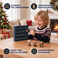 Lachend kind in kersttrui opent een vakje van de genummerde kalender; drie figuurtjes staan op tafel 7