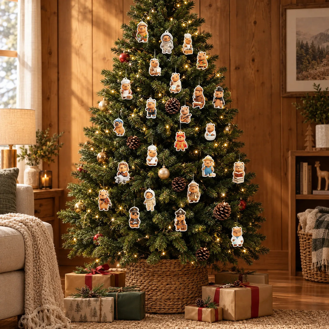 Verlichte kerstboom in een gezellige houten woonkamer, behangen met kleine capibara-hangers in verschillende beroepskostuums, met cadeaus eromheen. 1