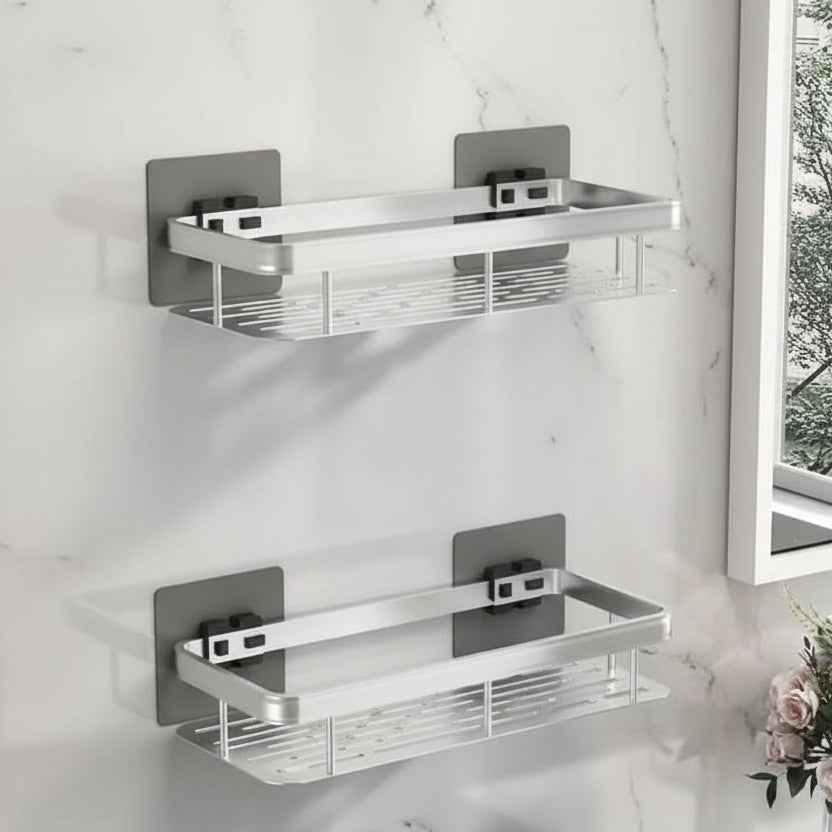 Twee lege zilverkleurige planken met zwarte bevestigingsclips op grijze zelfklevende platen 19
