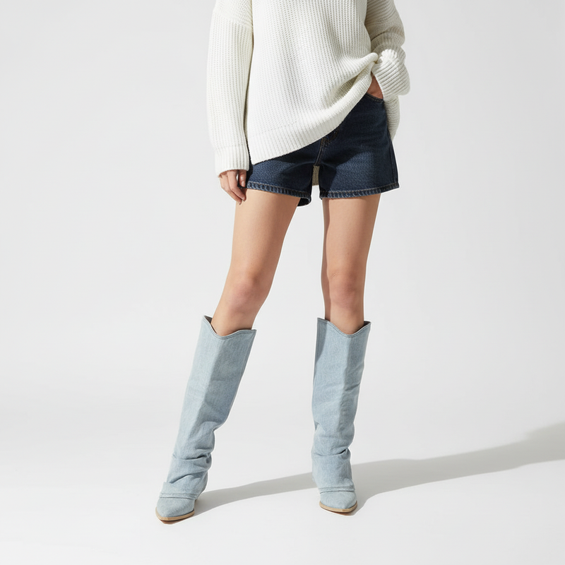 Kniehohe Denim Stiefel - Angela