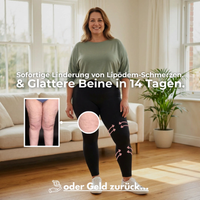 Lachende vrouw in zwarte legging in een lichte woonkamer, met pijlen op het been, vergroot detail van de huid en Duitse tekst. 17