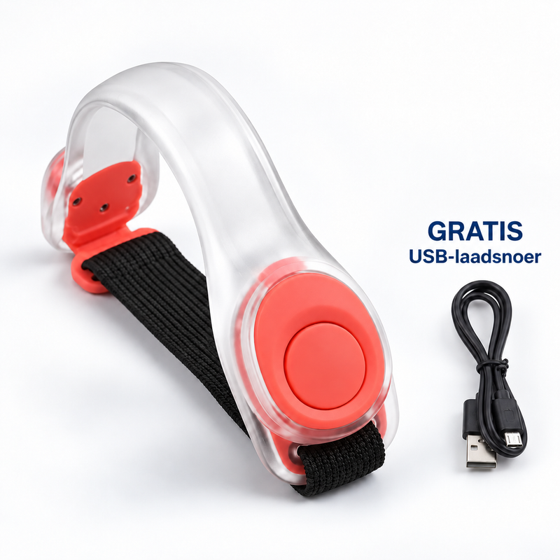 Doorzichtige led-armband met rode knop en zwarte elastische band, naast een zwart USB-laadsnoer 1