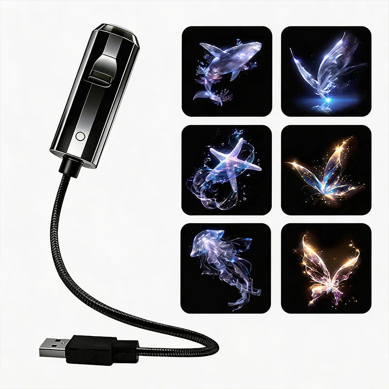 Zwarte projector met buigzame usb-arm naast zes dia-motieven: walvis, vlinders, zeester en kwal 7
