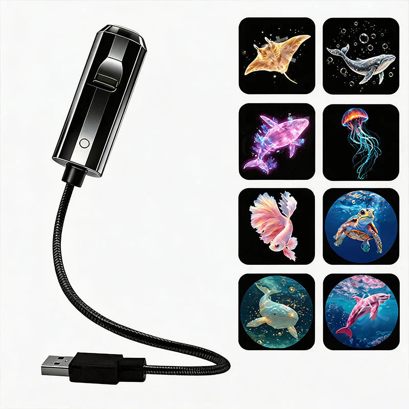 Zwarte projector met buigzame usb-arm naast acht onderwatermotieven: roggen, walvissen, kwal, vis, schildpad en dolfijn 8