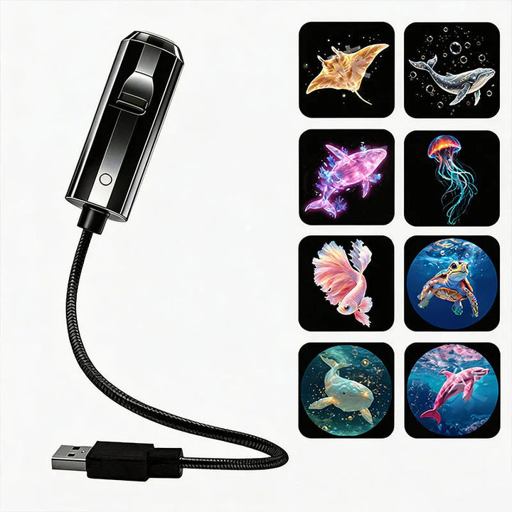 Zwarte USB-projector met buigzame nek naast acht dia-motieven van zeedieren zoals rog, walvis, kwal en schildpad 8