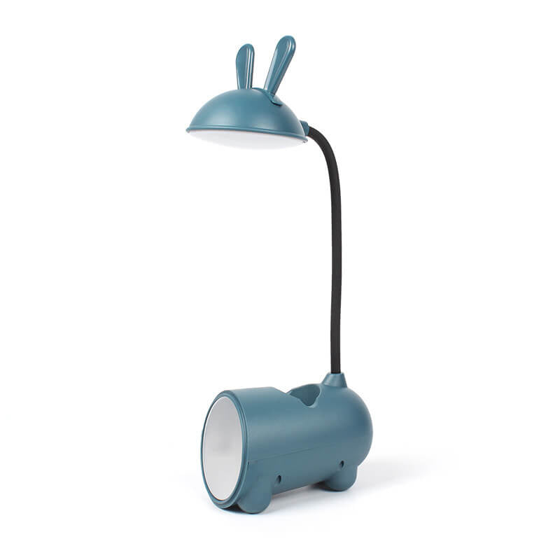 Donkerblauwe lamp met konijnenoren op de kap en een buigbare zwarte arm, vrijstaand op een witte achtergrond. 5