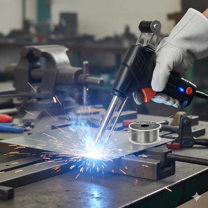 Hand in lederen werkhandschoen houdt het lasgereedschap boven een metalen plaat in een werkplaats, met vonken en een rol soldeerdraad ernaast. 1