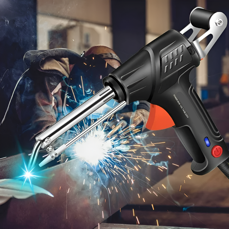 Lasgereedschap met gebogen metalen punt en aan-uitknop op de voorgrond, met een lasser die helder lichtgevende vonken maakt op de achtergrond. 4