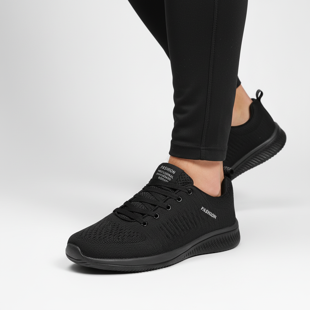 Zwarte gebreide sneaker gedragen door een model in zwarte legging tegen een lichte achtergrond 6