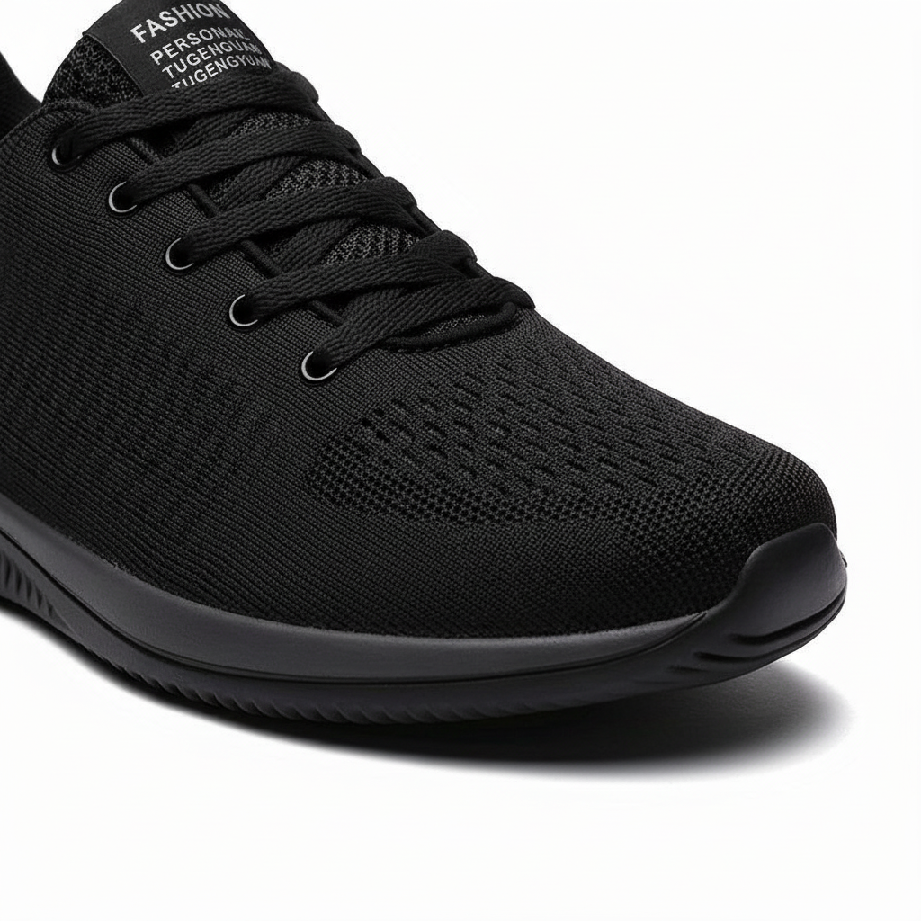 Detail van de neus van een zwarte gebreide sneaker met ademende gaatjes en profielzool 7