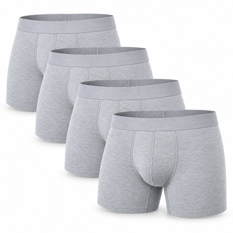 Set van vier effen lichtgrijze boxershorts, schuin achter elkaar gestapeld, met gemêleerde stof en bijpassende tailleband. 6