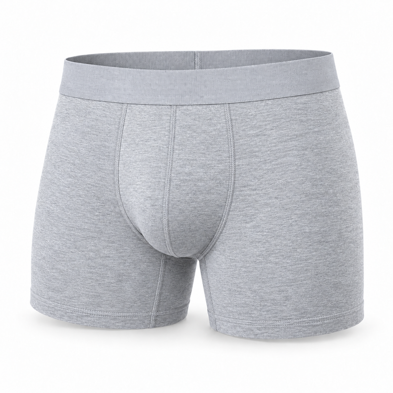 Lichtgrijze gemêleerde boxershort van voren, los getoond, met brede tailleband en zichtbare stikseldetails rond het kruis. 7