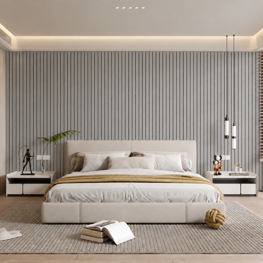 Slaapkamer met bed waarbij de achterwand is bekleed met grijze verticale latten 14