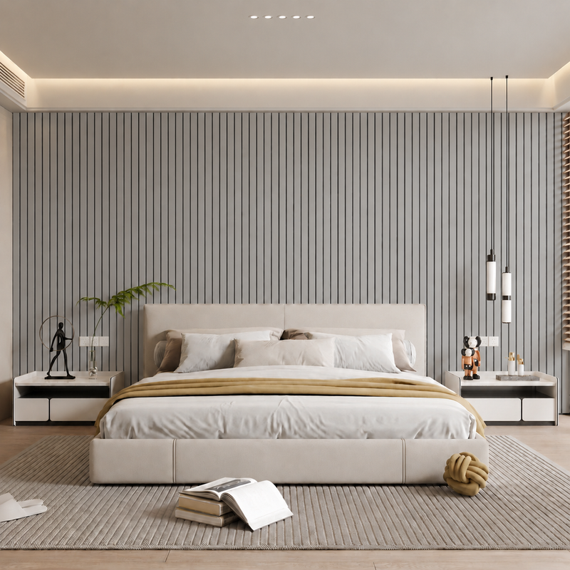 Slaapkamer met bed waarbij de achterwand is bekleed met grijze verticale latten 14