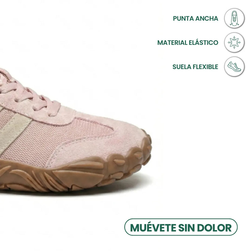 Close-up van de brede neus van de roze schoen met pictogrammen voor ruime teenbox, elastisch materiaal en flexibele zool. 14