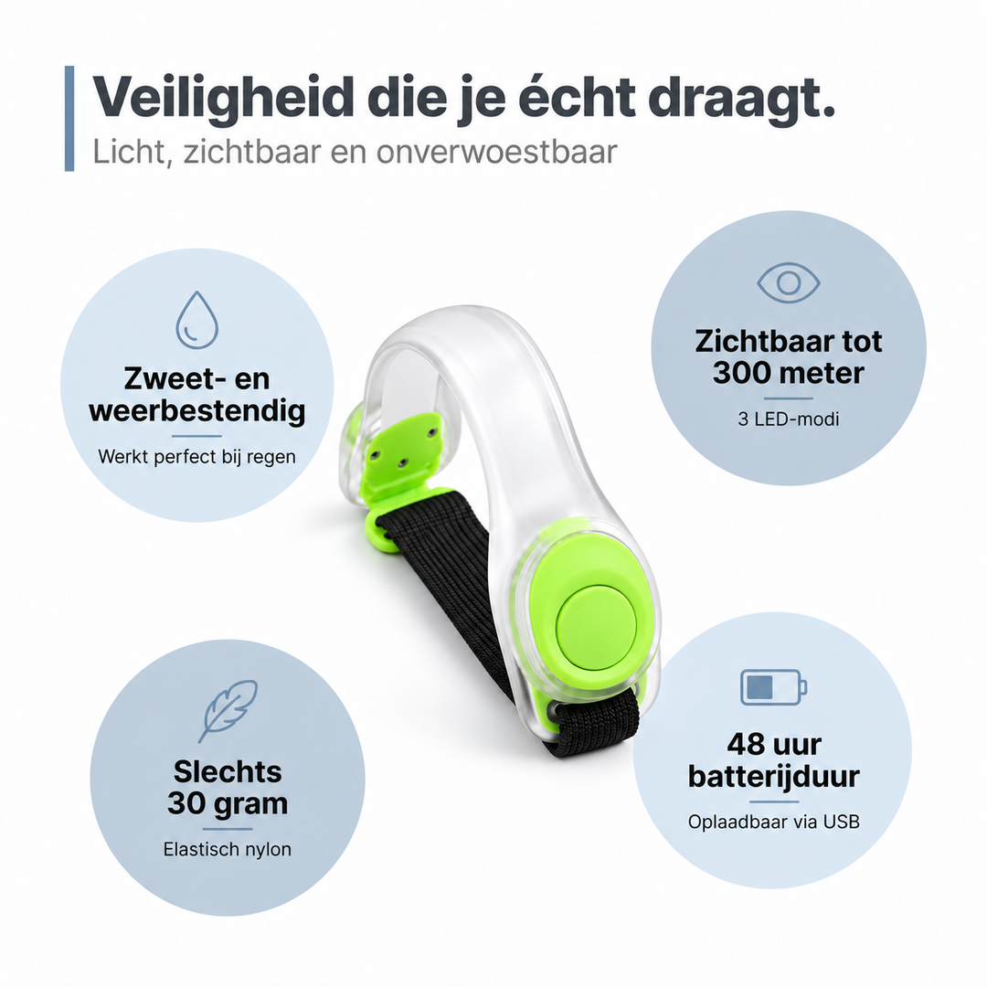 Armband met limoengroene knop, omringd door cirkels met voordelen zoals gewicht, zichtbaarheid en batterijduur 9