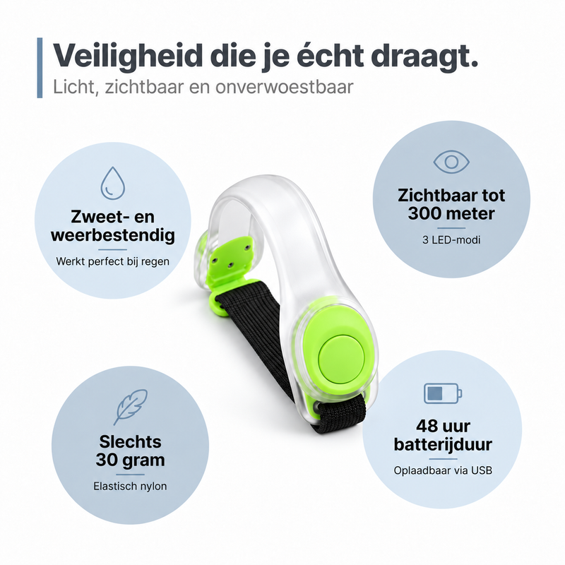 Armband met limoengroene knop, omringd door cirkels met voordelen zoals gewicht, zichtbaarheid en batterijduur 9