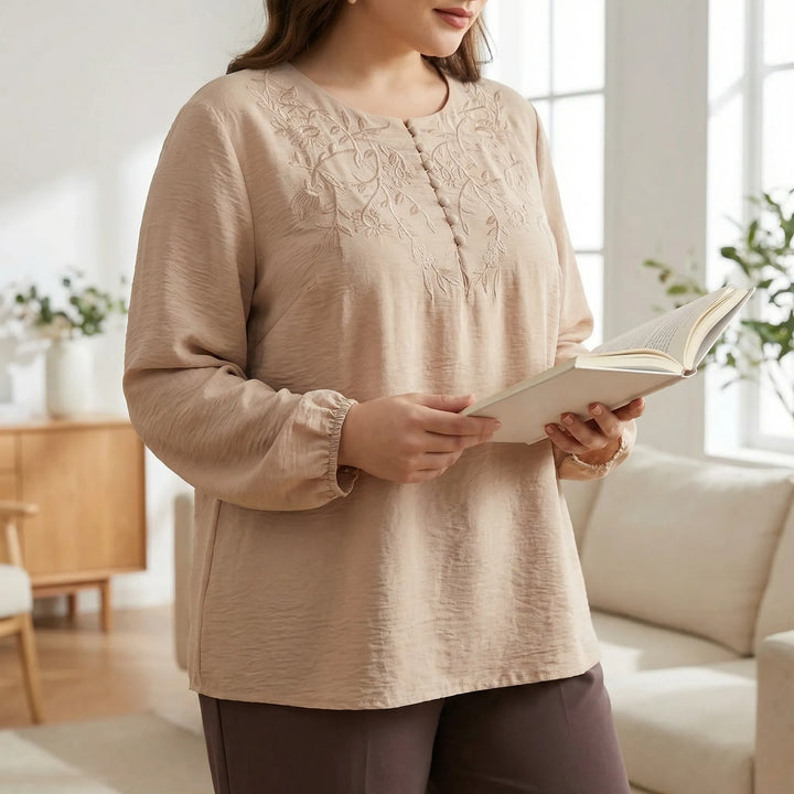 Loose Long Sleeve Embroidered Shirt - Joan