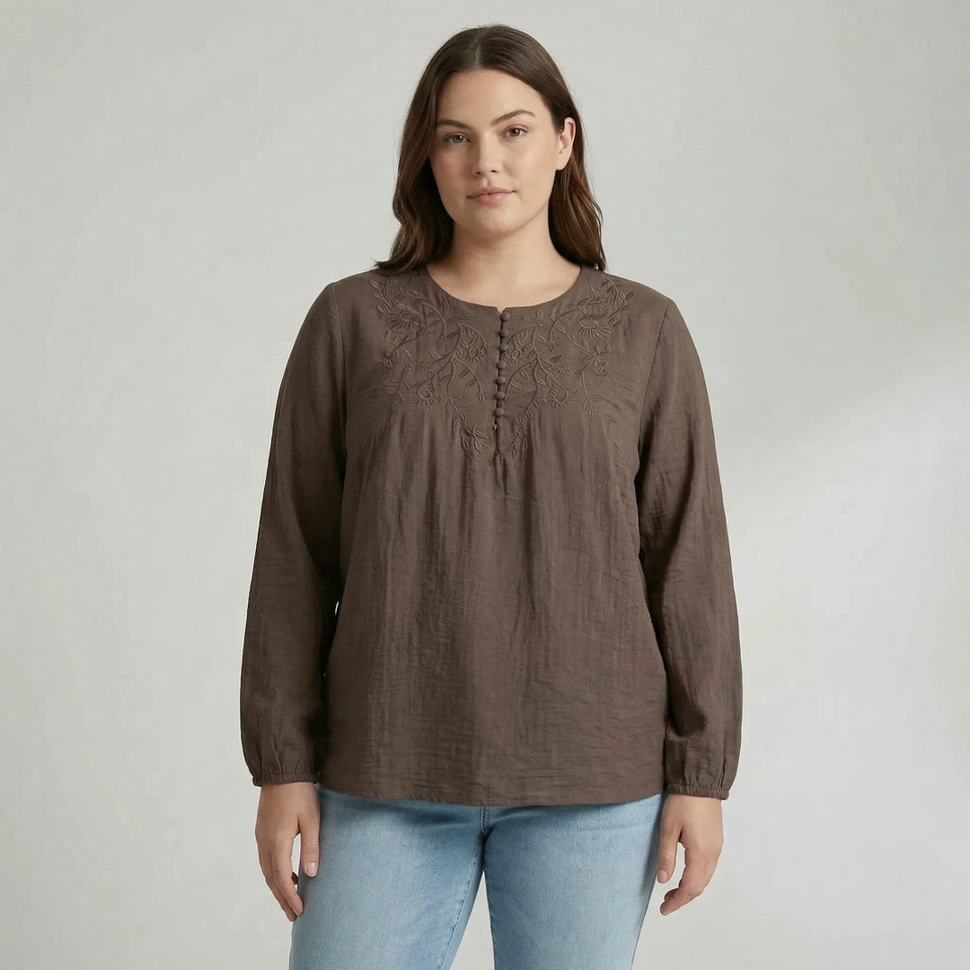 Loose Long Sleeve Embroidered Shirt - Joan