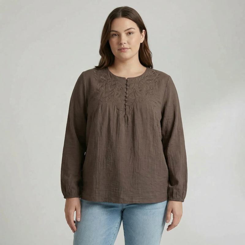 Loose Long Sleeve Embroidered Shirt - Joan