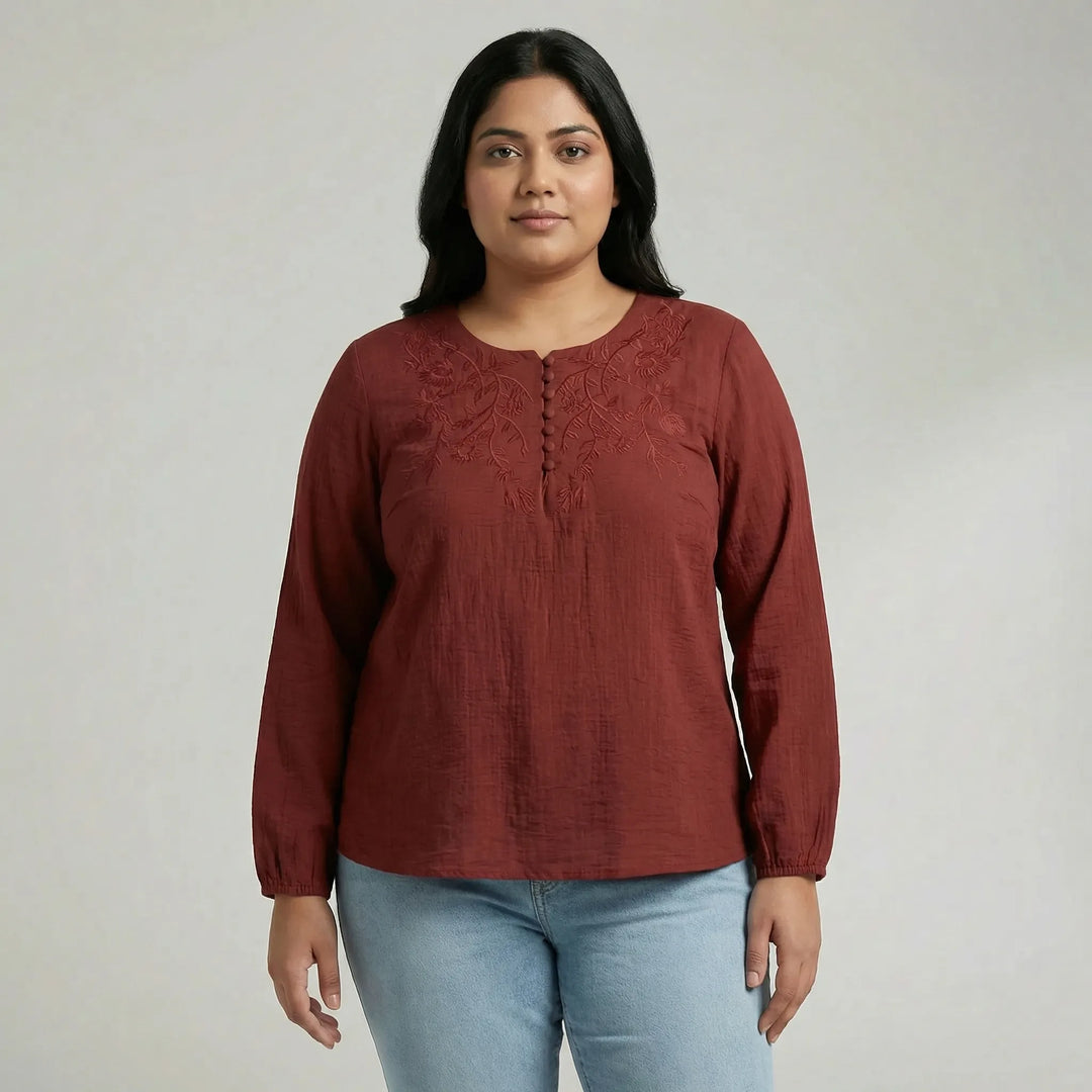 Loose Long Sleeve Embroidered Shirt - Joan