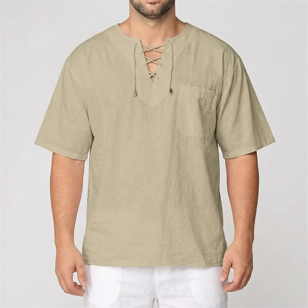 Loose V-Neck Lace-Up Pullover Top - Ian