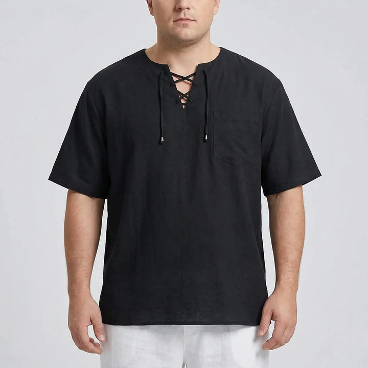 Loose V-Neck Lace-Up Pullover Top - Ian