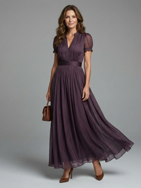 Women's Pleated Waist Maxi Dress with Sheer Sleeves 1