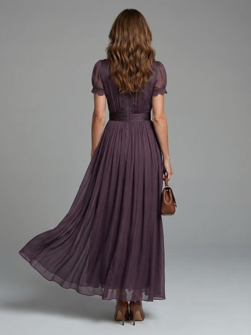 Women's Pleated Waist Maxi Dress with Sheer Sleeves 4