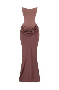 Strapless korsetjurk in bruin met gedrapeerde satijnen rok, los neergelegd zonder model, vooraanzicht 41