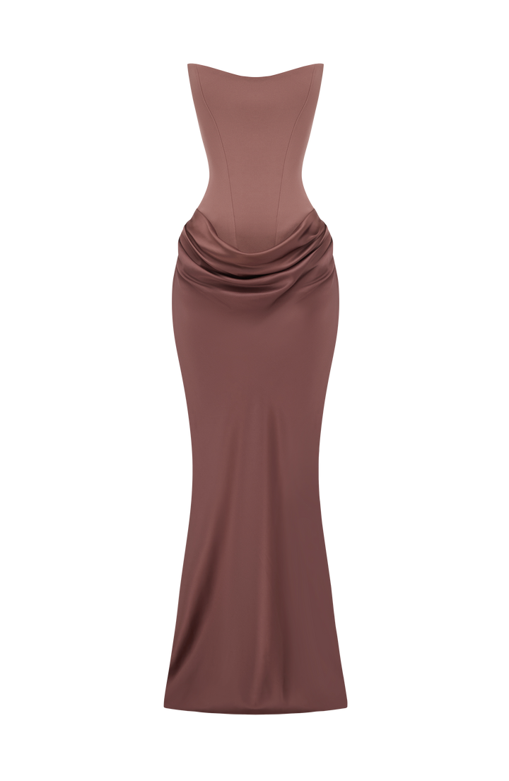 Strapless korsetjurk in bruin met gedrapeerde satijnen rok, los neergelegd zonder model, vooraanzicht 41