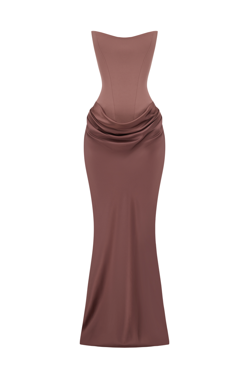 Strapless korsetjurk in bruin met gedrapeerde satijnen rok, los neergelegd zonder model, vooraanzicht 41
