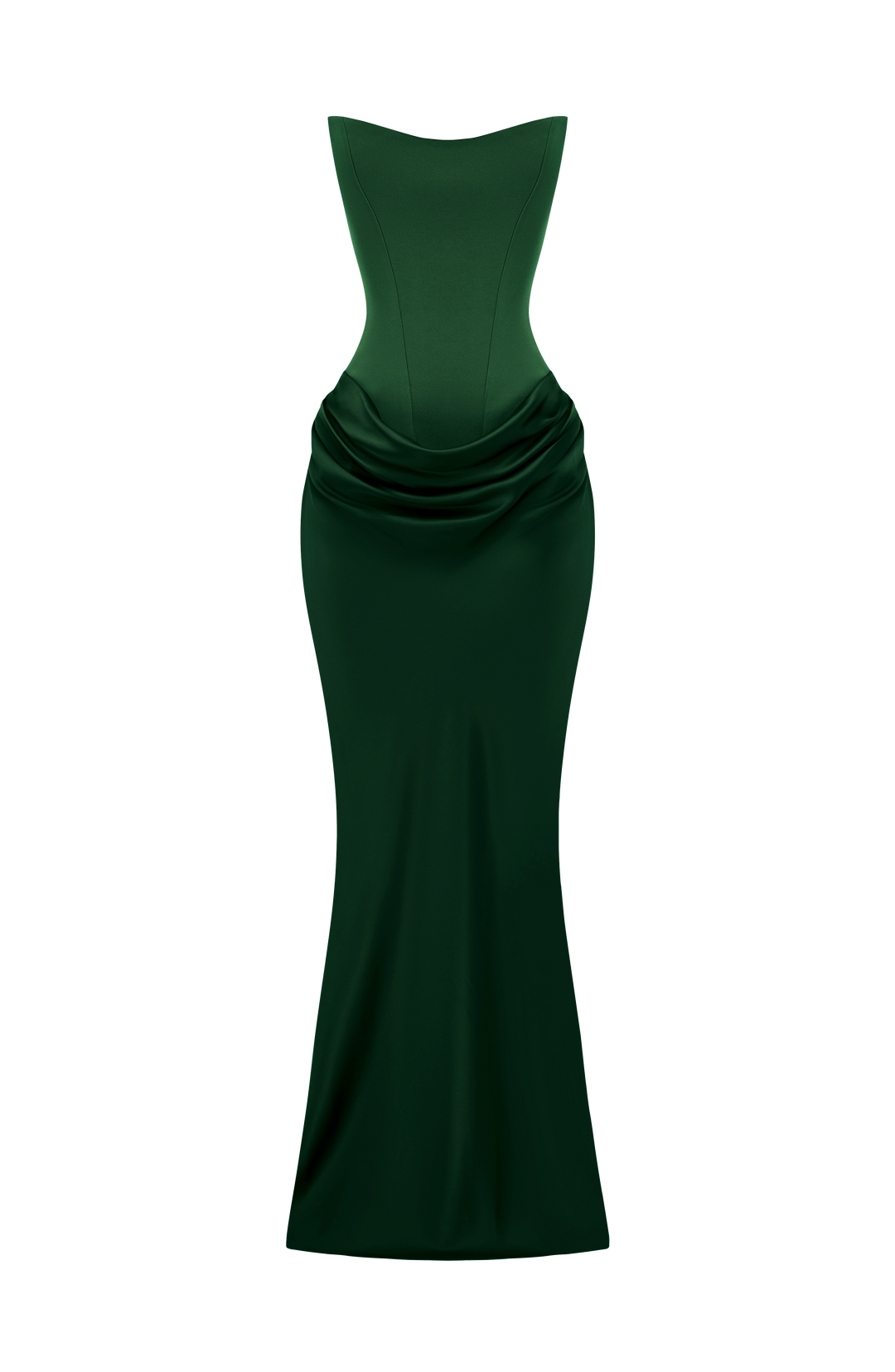Groene korsetjurk met watervalrok los gepresenteerd op witte achtergrond zonder model 36