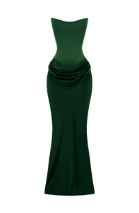 Groene korsetjurk met watervalrok los gepresenteerd op witte achtergrond zonder model 36