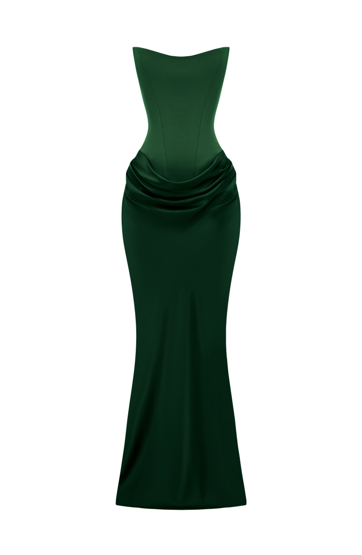 Groene korsetjurk met watervalrok los gepresenteerd op witte achtergrond zonder model 36